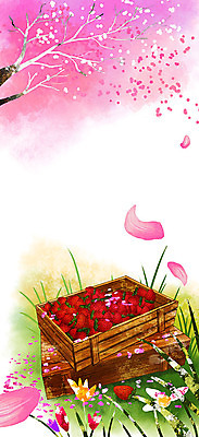 PSD 나무 꽃잎 꽃 분홍색 백그라운드 과일 일러스트 딸기 따뜻함 사람없음 빨간색 봄 벚꽃 풀 나무상자 낙화 봄배경 국내일러스트 식물 계절 컬러 상자 파일형식
