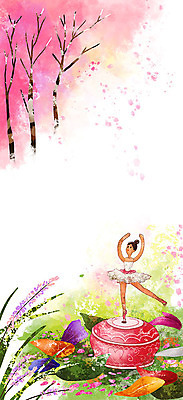 전신 PSD 나무 여자 꽃 분홍색 백그라운드 일러스트 따뜻함 한명 사람없음 장식 봄 벚꽃 풀 오르골 봄배경 국내일러스트 식물 1 계절 컬러 사람 파일형식