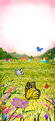 PSD 꽃 분홍색 나비 백그라운드 일러스트 산 주택 따뜻함 사람없음 봄 풀 유채 유채밭 봄배경 국내일러스트 식물 계절 컬러 곤충 밭 건물 파일형식