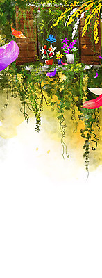 PSD 꽃 화분 백그라운드 일러스트 창문 따뜻함 사람없음 봄 덩굴 개나리 창가 넝쿨나무 봄배경 국내일러스트 나무 식물 계절 파일형식
