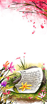 PSD 나무 꽃 종이 분홍색 백그라운드 일러스트 노래 따뜻함 사람없음 봄 벚꽃 바위 풀 악보 봄배경 국내일러스트 식물 계절 음악 컬러 돌_바위 파일형식