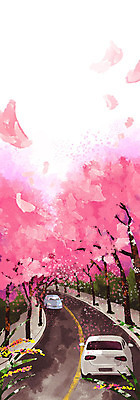 PSD 나무 꽃 도로 분홍색 백그라운드 일러스트 자동차 따뜻함 사람없음 봄 벚꽃 풀 개나리 봄배경 국내일러스트 식물 계절 길 육상교통 컬러 교통시설 파일형식