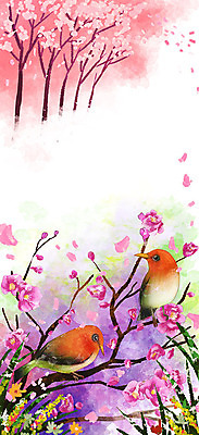 PSD 나무 꽃 분홍색 백그라운드 두마리 일러스트 조류 따뜻함 사람없음 봄 벚꽃 풀 봄배경 국내일러스트 식물 동물 계절 컬러 2 파일형식