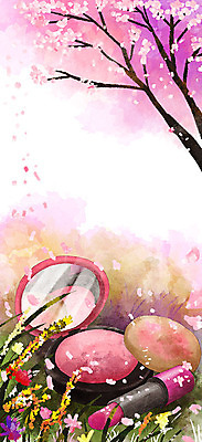 PSD 나무 꽃 분홍색 백그라운드 일러스트 따뜻함 사람없음 봄 화장품 거울 립스틱 벚꽃 풀 분 봄배경 국내일러스트 식물 계절 컬러 뷰티 파일형식