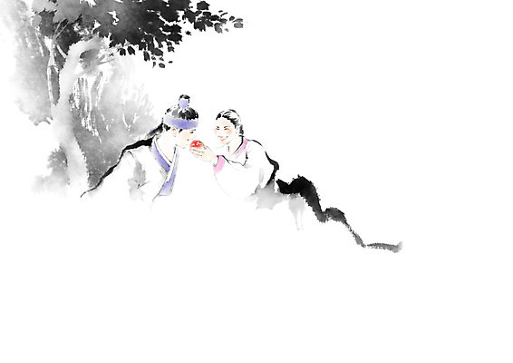 PSD 나무 커플 여자 남자 일러스트 캘리그라피 붓터치 사랑 사람 성인 두명 계곡 화목 한복 먹여주기 번짐 연애 성인만 국내일러스트 식물 한국전통 감정 컨셉 관계 전통의상 먹기 파일형식 효과