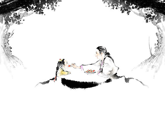 PSD 나무 여자 딸 어린이 일러스트 캘리그라피 가족 모녀 엄마 붓터치 사랑 사람 성인 두명 계곡 화목 한복 먹여주기 번짐 여자만 국내일러스트 식물 한국전통 감정 컨셉 관계 전통의상 먹기 파일형식 효과