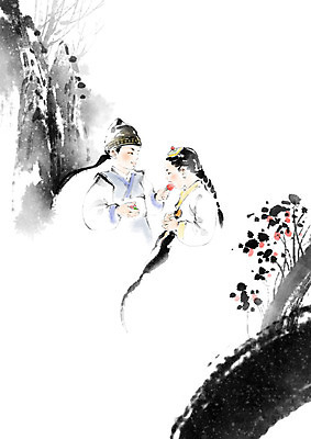 PSD 나무 여자 남자 어린이 일러스트 캘리그라피 가족 붓터치 남매 사랑 사람 두명 계곡 화목 한복 먹여주기 번짐 여동생 오빠 어린이만 국내일러스트 식물 한국전통 감정 컨셉 관계 전통의상 먹기 동생 파일형식 효과