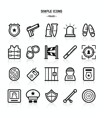 아이콘 사람없음 권총 경찰 목표 발자국 범죄인 감옥 구속 심플아이콘 사격 무전기 방패 총알 방탄복 곤봉 몽타주 사이렌 수사 지문 2D아이콘 AI파일 직업 옷 무기 스포츠용품 컨셉 자국 무선통신 총 범죄 파일형식 벡터
