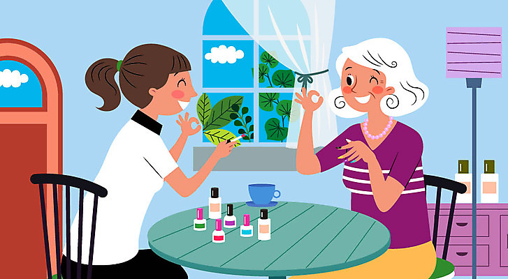 여자 노년 할머니 가구 의자 일러스트 탁자 나뭇잎 사람 상반신 성인 취미 두명 뷰티 스탠드 OK 손톱관리 네일아트 매니큐어 여자만 노노족 국내일러스트 AI파일 라이프스타일 생활용품 잎 조명 손짓 화장품 신조어 파일형식 벡터