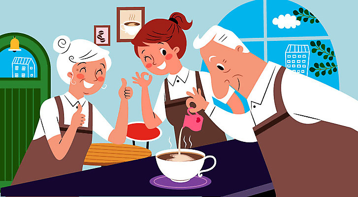 여자 할아버지 노년 남자 할머니 커피 액자 의자 일러스트 나뭇잎 사람 상반신 성인 취미 세명 카페 붓기 OK 바리스타 노노족 국내일러스트 AI파일 직업 라이프스타일 음료 가구 잎 모션 손짓 상점 신조어 파일형식 벡터