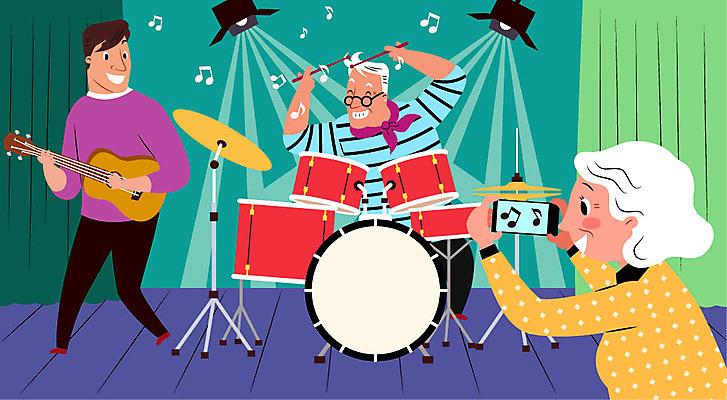 전신 여자 할아버지 노년 남자 할머니 음악 음표 일러스트 조명 사람 상반신 성인 세명 스마트폰 촬영 기타 밴드 드럼 노노족 국내일러스트 AI파일 라이프스타일 기호 현악기 문화예술 타악기 핸드폰 스마트기기 신조어 파일형식 벡터