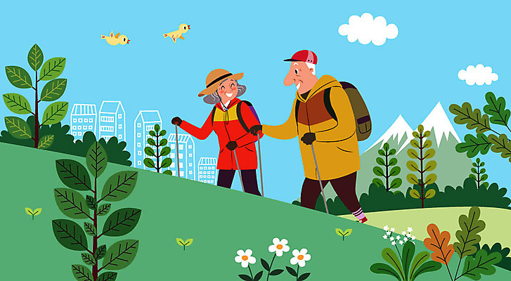 전신 여자 할아버지 노년 남자 꽃 할머니 일러스트 나뭇잎 산 대화 사람 취미 두명 노부부 등산 등산복 동산 노인만 노노족 국내일러스트 AI파일 식물 라이프스타일 부부 옷 잎 말하기 성인 트래킹 신조어 성인만 파일형식 벡터