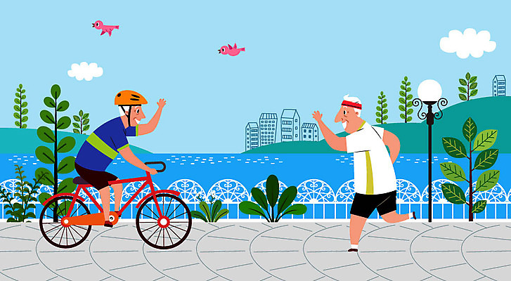 전신 할아버지 노년 남자 가로등 일러스트 조류 사람 취미 두명 울타리 강 조깅 운동 자전거 산책 인사 헬멧 노인남자만 노노족 국내일러스트 AI파일 동물 라이프스타일 공공시설 휴식 건강 성인 담장 바이크 예절 보호장비 신조어 남자만 노인만 파일형식 벡터