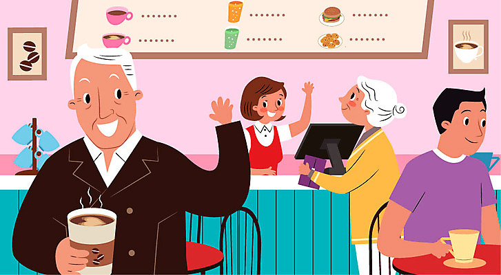 여자 할아버지 노년 남자 할머니 커피 액자 의자 일러스트 간판 사람 여러명 상반신 성인 취미 카페 인사 종업원 테이크아웃 단골손님 노노족 국내일러스트 AI파일 직업 라이프스타일 음료 가구 다수 상점 예절 고객 신조어 파일형식 벡터