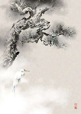 PSD 한마리 일러스트 캘리그라피 조류 붓터치 풍경 사람없음 안개 소나무 동양화 한지 번짐 솔잎 노송 노송도 국내일러스트 나무 동물 1 종이 잎 날씨 미술 그림 파일형식 효과