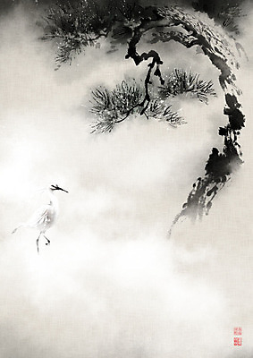 PSD 한마리 일러스트 캘리그라피 조류 붓터치 풍경 사람없음 안개 소나무 동양화 한지 번짐 솔잎 노송 노송도 국내일러스트 나무 동물 1 종이 잎 날씨 미술 그림 파일형식 효과