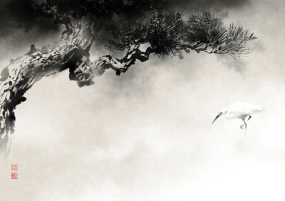 PSD 한마리 일러스트 캘리그라피 조류 붓터치 풍경 사람없음 안개 소나무 동양화 한지 번짐 솔잎 노송 노송도 국내일러스트 나무 동물 1 종이 잎 날씨 미술 그림 파일형식 효과