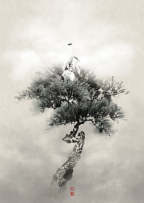 PSD 일러스트 캘리그라피 조류 붓터치 세마리 풍경 사람없음 안개 소나무 동양화 한지 번짐 솔잎 노송 노송도 국내일러스트 나무 동물 종이 잎 날씨 3 미술 그림 파일형식 효과