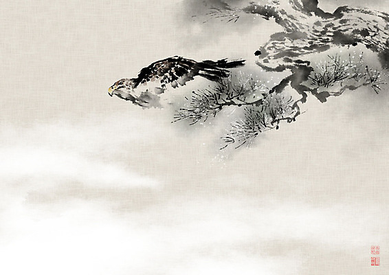 PSD 한마리 일러스트 캘리그라피 조류 붓터치 사람없음 도장 터치 안개 소나무 동양화 한지 독수리 번짐 솔잎 낙관 노송 노송도 국내일러스트 나무 동물 1 종이 잎 날씨 미술 그림 파일형식 효과