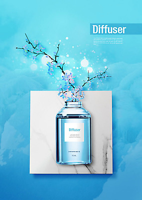PSD 편집이미지 꽃 유리병 사람없음 파란색 향수 대리석 디퓨저 이미지편집 식물 컬러 재료 병_용기 화장품 파일형식
