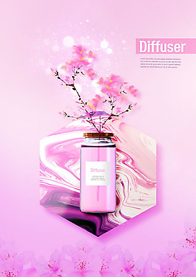 PSD 편집이미지 꽃 분홍색 유리병 사람없음 향수 대리석 디퓨저 이미지편집 식물 컬러 재료 병_용기 화장품 파일형식