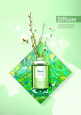 PSD 편집이미지 꽃 유리병 사람없음 초록색 향수 대리석 디퓨저 이미지편집 식물 컬러 재료 병_용기 화장품 파일형식