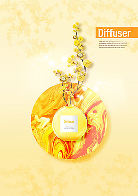 PSD 편집이미지 꽃 유리병 사람없음 노란색 향수 대리석 디퓨저 이미지편집 식물 컬러 재료 병_용기 화장품 파일형식