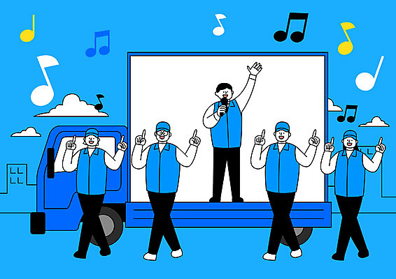 전신 여자 남자 음표 일러스트 응원 사람 여러명 성인 건물 파란색 트럭 선거 공정 선거활동 공정선거 선거홍보 후보 대통령선거 국내일러스트 AI파일 건축물 기호 음악 컬러 다수 자동차 민주주의 파일형식 벡터