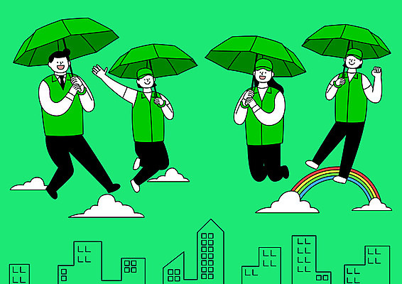 전신 여자 남자 무지개 일러스트 우산 들기 사람 여러명 성인 건물 초록색 파이팅 선거 공정 선거활동 공정선거 선거홍보 후보 대통령선거 국내일러스트 AI파일 자연요소 건축물 컬러 다수 모션 민주주의 파일형식 벡터