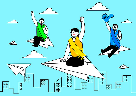 전신 여자 남자 하늘색 일러스트 사람 성인 건물 세명 손들기 엄지손가락 비행 선거 종이비행기 공정 선거활동 공정선거 선거홍보 후보 대통령선거 국내일러스트 AI파일 건축물 손가락 모션 파란색 민주주의 종이접기 파일형식 벡터