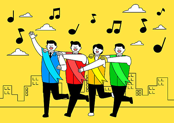 전신 여자 남자 음표 일러스트 사람 여러명 성인 건물 노란색 걷기 선거 공정 선거활동 기차놀이 공정선거 선거홍보 후보 어깨에손 대통령선거 국내일러스트 AI파일 건축물 기호 음악 컬러 다수 모션 놀이 민주주의 파일형식 벡터