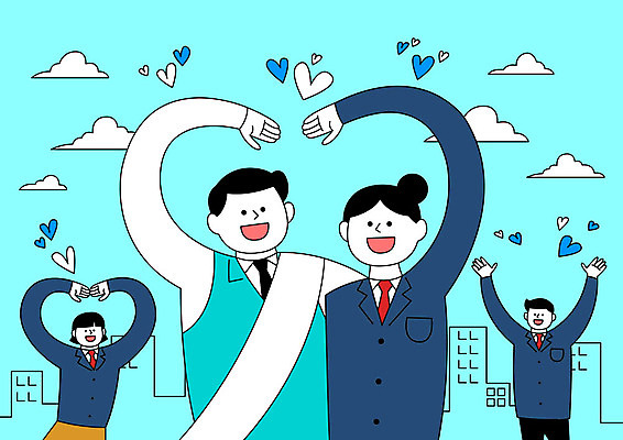 학생 여자 남자 하늘색 일러스트 청소년 사람 여러명 상반신 성인 건물 하트 선거 공정 선거활동 손하트 공정선거 선거홍보 후보 유권자 대통령선거 국내일러스트 AI파일 모양 건축물 다수 손짓 파란색 민주주의 파일형식 벡터