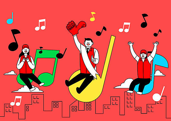 전신 여자 남자 음표 일러스트 사람 성인 건물 빨간색 세명 팻말 선거 공정 선거활동 공정선거 선거홍보 후보 대통령선거 국내일러스트 AI파일 건축물 기호 음악 컬러 프레임 민주주의 파일형식 벡터