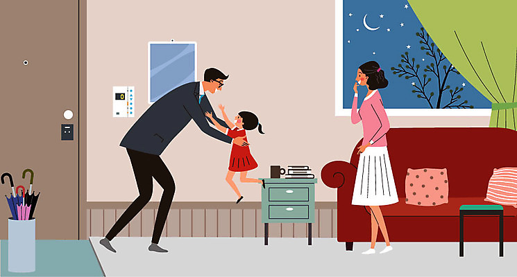 전신 여자 남자 딸 어린이 가구 쿠션 일러스트 우산 가족 안기 포옹 엄마 성인 책 세명 소파 문 거울 아빠 퇴근 우산꽂이 국내일러스트 AI파일 생활용품 의자 관계 모션 사람 출퇴근 꽂이 파일형식 벡터