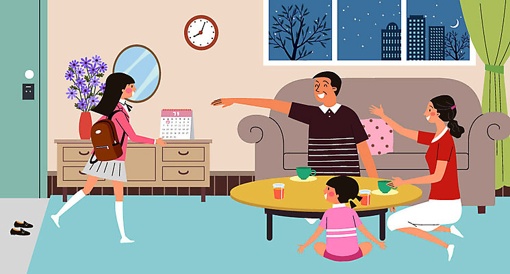 전신 여자 남자 꽃 딸 어린이 시계 가구 거실 일러스트 가족 엄마 손짓 여러명 성인 소파 문 거울 달력 자녀 아빠 국내일러스트 AI파일 식물 생활용품 다수 의자 관계 모션 사람 파일형식 벡터