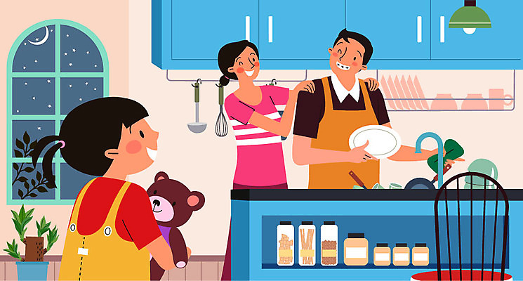 그릇 여자 남자 딸 화분 어린이 의자 일러스트 가족 엄마 선반 상반신 성인 세명 주방 화목 곰인형 자녀 아빠 병 설거지 어깨주무르기 국내일러스트 AI파일 식기 인형 가구 컨셉 가사 관계 사람 주무르기 파일형식 벡터