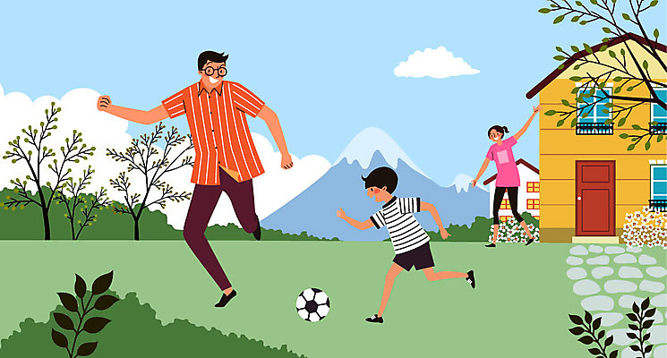 전신 여자 남자 꽃 아들 어린이 일러스트 축구공 가족 엄마 산 주택 성인 세명 축구 자녀 아빠 국내일러스트 AI파일 식물 공 축구용품 관계 사람 건물 구기 파일형식 벡터