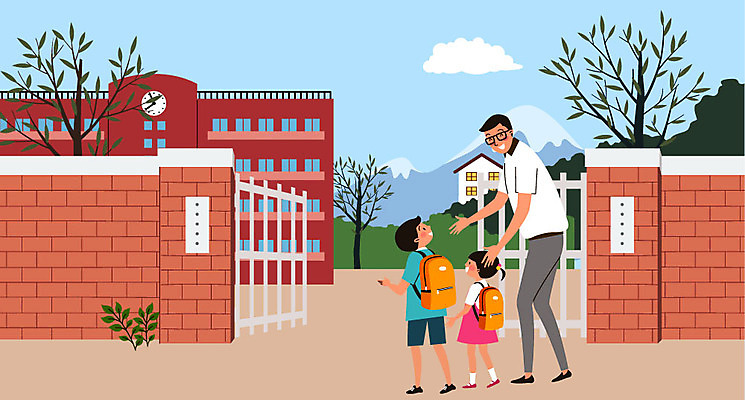 전신 여자 남자 딸 아들 어린이 가방 일러스트 학교 가족 산 성인 세명 자녀 아빠 등교 교문 국내일러스트 AI파일 잡화 교육 관계 사람 등하교 파일형식 벡터