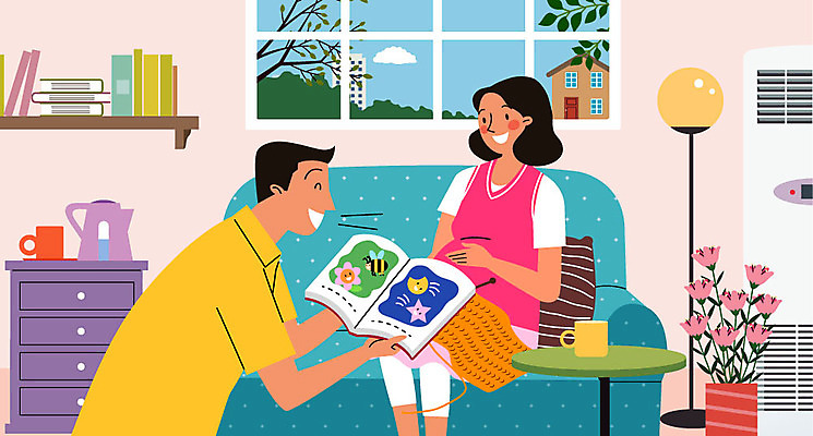 여자 남자 꽃 가구 일러스트 가족 엄마 상반신 성인 두명 책 독서 임산부 임신 스탠드 아빠 에어컨 태교 국내일러스트 AI파일 식물 생활용품 관계 조명 사람 가전제품 파일형식 벡터