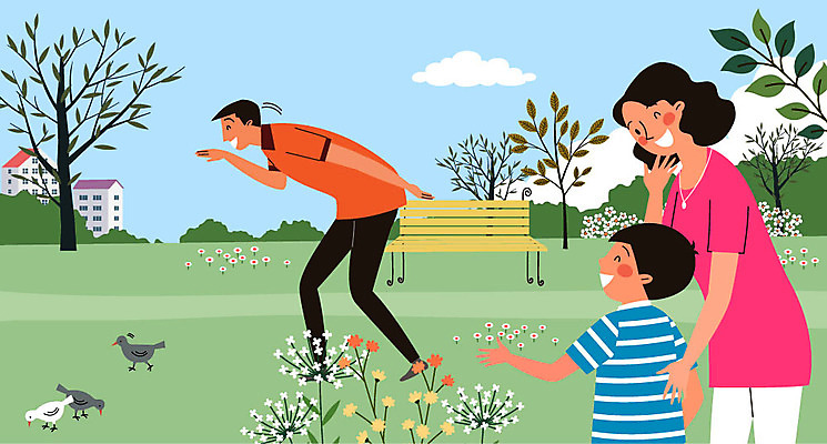 전신 여자 남자 꽃 아들 어린이 벤치 의자 일러스트 가족 놀이 엄마 상반신 성인 세명 자녀 아빠 흉내 비둘기 국내일러스트 AI파일 식물 가구 관계 모션 조류 사람 파일형식 벡터