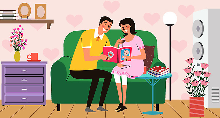 전신 부부 여자 남자 꽃 일러스트 가족 탁자 엄마 성인 두명 책 임산부 육아 스탠드 아빠 에어컨 태교 성인만 국내일러스트 AI파일 식물 커플 가구 관계 조명 사람 임신 가전제품 파일형식 벡터