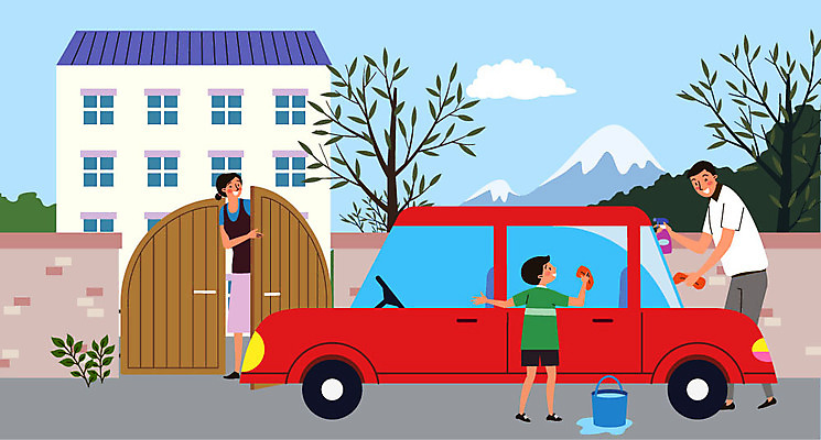 전신 여자 남자 아들 어린이 일러스트 가족 자동차 엄마 산 주택 성인 세명 문 자녀 아빠 양동이 세차 국내일러스트 AI파일 육상교통 관계 사람 건물 파일형식 벡터