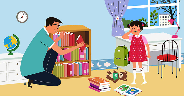 전신 여자 남자 딸 어린이 시계 가구 의자 가방 일러스트 가족 성인 두명 책 지구본 곰인형 자녀 스탠드 아빠 책상 방청소 부녀 국내일러스트 AI파일 잡화 인형 생활용품 관계 조명 사람 청소 파일형식 벡터