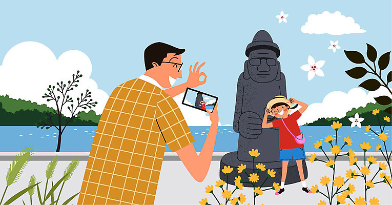 전신 여자 남자 꽃 딸 어린이 바다 여행 일러스트 가족 상반신 성인 두명 제주도 사진촬영 자녀 아빠 돌하르방 즐거움 부녀 국내일러스트 AI파일 식물 감정 관계 한국 사람 촬영 파일형식 벡터