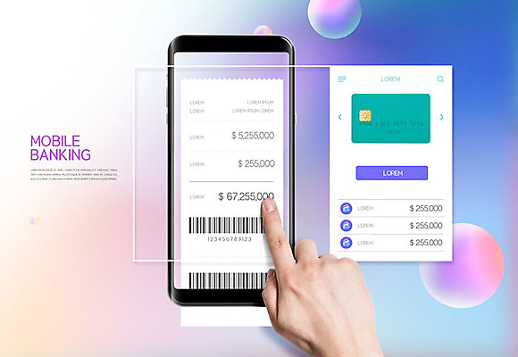 PSD 편집이미지 손 모바일 한손 사람 신체부위 금융 경제 스마트폰 컬러풀 터치 신용카드 결제 영수증 모바일뱅킹 핀테크 이미지편집 컬러 핸드폰 스마트기기 뱅킹 파일형식