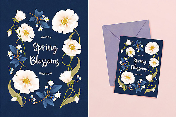식물 손글씨 꽃 일러스트 봄꽃 봉투 편지봉투 글자캘리그라피 사람없음 봄 남색 편지지 봄맞이 시즌상품 보테니컬아트 국내일러스트 AI파일 계절 컬러 캘리그라피 상품 편지 파일형식 벡터