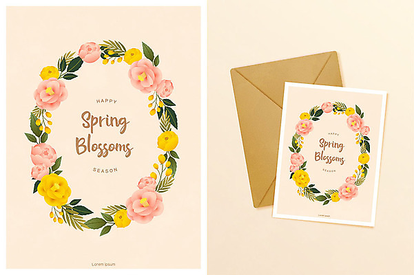 식물 손글씨 꽃 일러스트 봄꽃 봉투 편지봉투 글자캘리그라피 사람없음 노란색 봄 편지지 봄맞이 시즌상품 보테니컬아트 국내일러스트 AI파일 계절 컬러 캘리그라피 상품 편지 파일형식 벡터