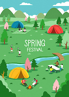 전신 여자 남자 포스터 어린이 일러스트 텐트 여러명 성인 초록색 소풍 축제 봄 캠핑 하이킹 지역축제 봄축제 대한민국축제 국내일러스트 AI파일 계절 컬러 다수 레저 캠핑도구 사람 야외활동 파일형식 벡터
