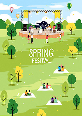 전신 나무 여자 남자 포스터 일러스트 여러명 성인 초록색 축제 봄 콘서트 열기구 음악회 연주회 재즈 성인만 지역축제 봄축제 대한민국축제 국내일러스트 AI파일 식물 계절 음악 컬러 다수 항공교통 사람 공연 파일형식 벡터