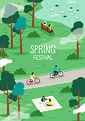 전신 공원 여자 남자 포스터 일러스트 사람 여러명 성인 초록색 자전거 축제 봄 연못 지역축제 봄축제 대한민국축제 국내일러스트 AI파일 계절 공공시설 컬러 다수 바이크 파일형식 벡터
